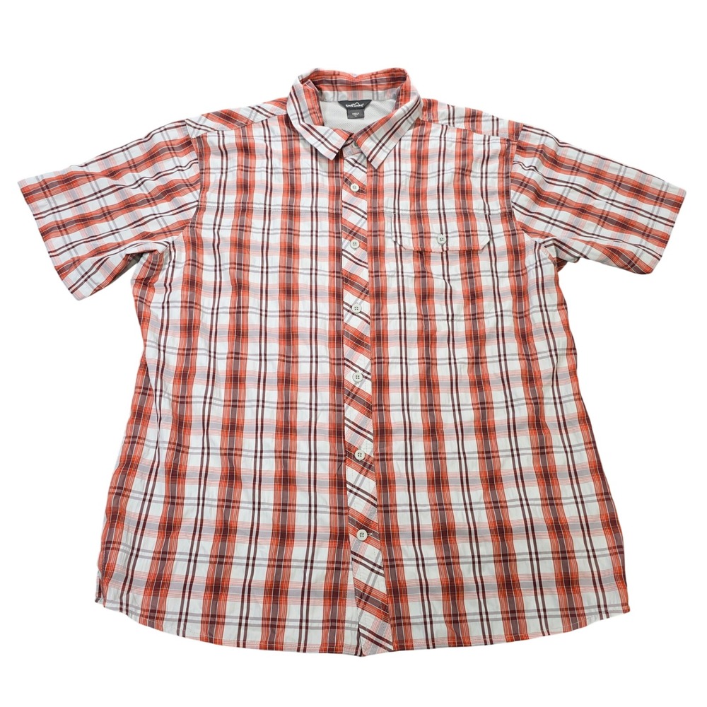 Eddie Bauer Travex Button Down Shirt Men's Size XL Orange Burgundy Plaid Hiking